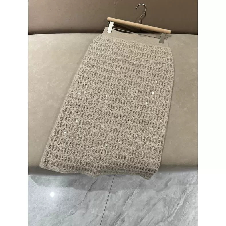 New Women's Cashmere Overskirt for Autumn and Winter, Elastic Waist with BC Sequins, High-End Knitted Maxi Skirt