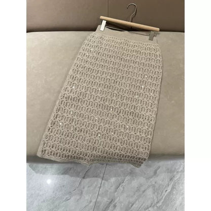New Women's Cashmere Overskirt for Autumn and Winter, Elastic Waist with BC Sequins, High-End Knitted Maxi Skirt