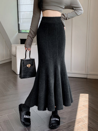 SMTHMA New Autumn Winter Thick Knitted Skirt for Women, High Waist Fishtail Mohair Long Skirt, Casual Warm Mid-Length