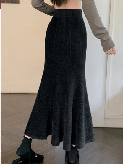 SMTHMA New Autumn Winter Thick Knitted Skirt for Women, High Waist Fishtail Mohair Long Skirt, Casual Warm Mid-Length