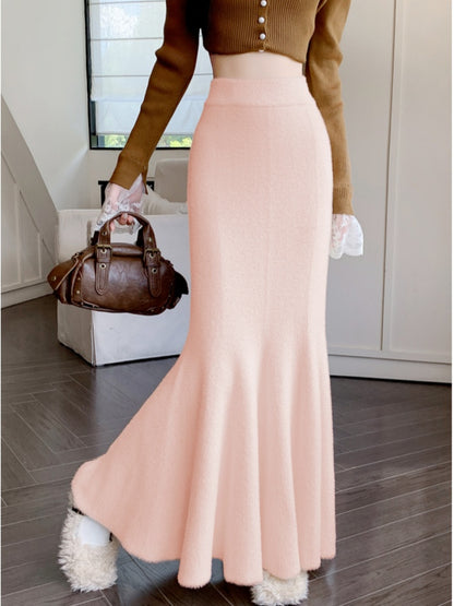 SMTHMA New Autumn Winter Thick Knitted Skirt for Women, High Waist Fishtail Mohair Long Skirt, Casual Warm Mid-Length