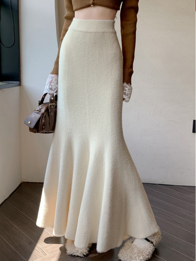 SMTHMA New Autumn Winter Thick Knitted Skirt for Women, High Waist Fishtail Mohair Long Skirt, Casual Warm Mid-Length