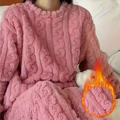 Soft Coral Velvet Women's Pajama Set – Warm Jacquard Loungewear for Cozy Winter Nights