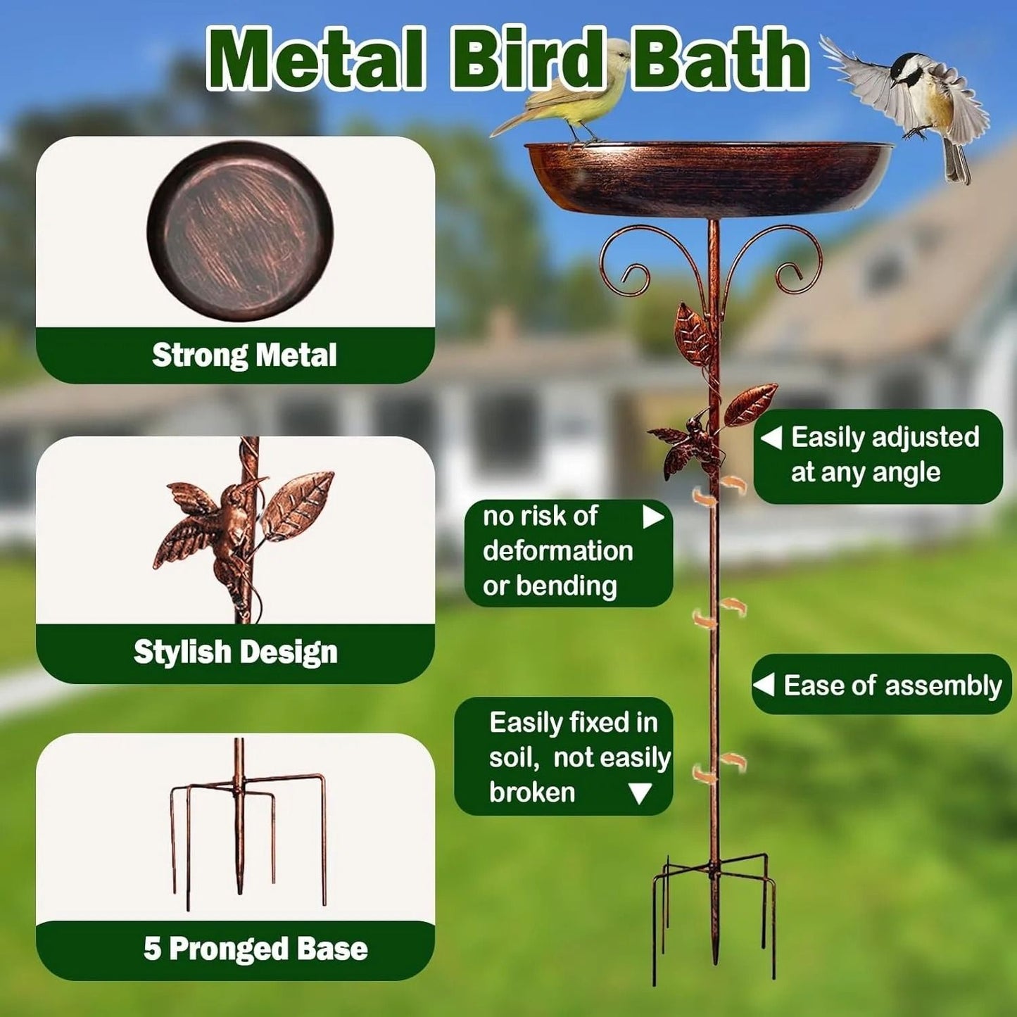 Garden Birdbath Sturdy Iron Standing Outdoor Vintage Bird Bath Bowl for Patio Yard