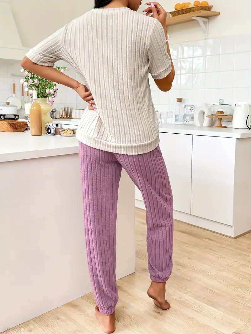 Womens Heart Print Pajama Set Round Neck Short Sleeve Top with Long Pants Sleepwear