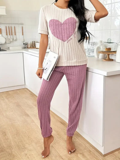 Womens Heart Print Pajama Set Round Neck Short Sleeve Top with Long Pants Sleepwear