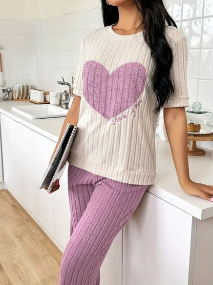 Womens Heart Print Pajama Set Round Neck Short Sleeve Top with Long Pants Sleepwear