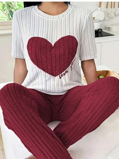 Womens Heart Print Pajama Set Round Neck Short Sleeve Top with Long Pants Sleepwear