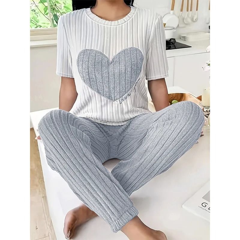 Womens Heart Print Pajama Set Round Neck Short Sleeve Top with Long Pants Sleepwear