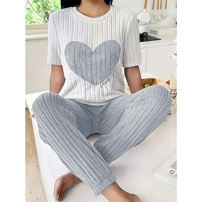 Womens Heart Print Pajama Set Round Neck Short Sleeve Top with Long Pants Sleepwear