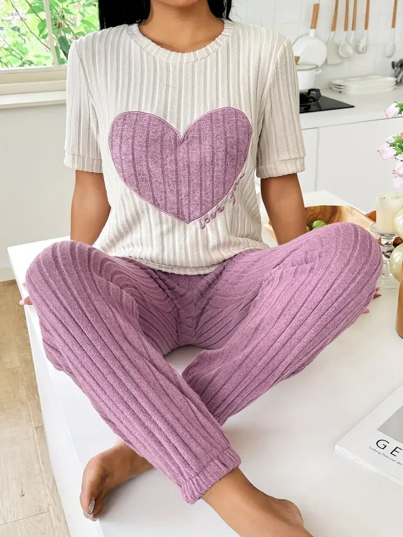 Womens Heart Print Pajama Set Round Neck Short Sleeve Top with Long Pants Sleepwear