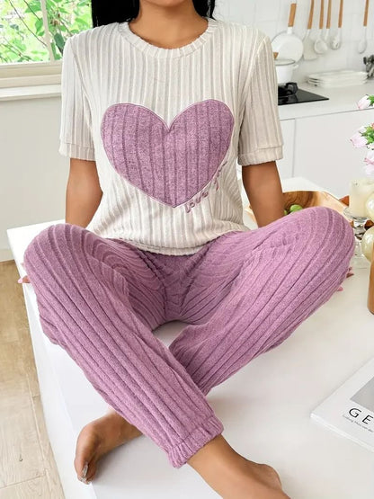 Womens Heart Print Pajama Set Round Neck Short Sleeve Top with Long Pants Sleepwear