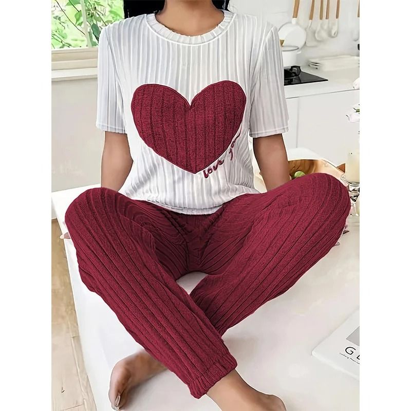 Womens Heart Print Pajama Set Round Neck Short Sleeve Top with Long Pants Sleepwear