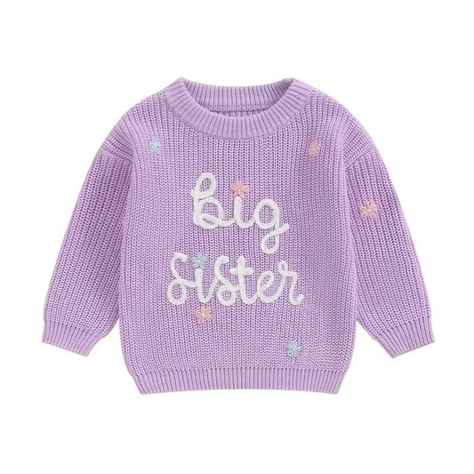 Big Sister & Little Sister Matching Embroidered Knit Sweater Set – Warm Fall/Winter Toddler Sweatshirts