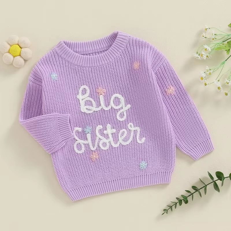 Big Sister & Little Sister Matching Embroidered Knit Sweater Set – Warm Fall/Winter Toddler Sweatshirts