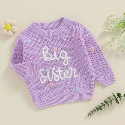 Big Sister & Little Sister Matching Embroidered Knit Sweater Set – Warm Fall/Winter Toddler Sweatshirts