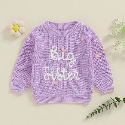 Big Sister & Little Sister Matching Embroidered Knit Sweater Set – Warm Fall/Winter Toddler Sweatshirts