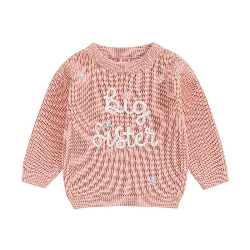 Big Sister & Little Sister Matching Embroidered Knit Sweater Set – Warm Fall/Winter Toddler Sweatshirts