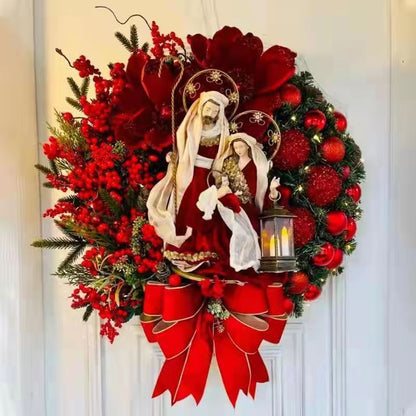 Elegant Pre Lit Christmas Wreath for Front Door, Garland with LED Lantern and Large Bow for Holiday Wall Decor