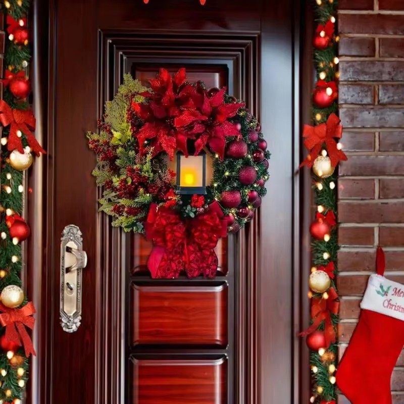 Elegant Pre Lit Christmas Wreath for Front Door, Garland with LED Lantern and Large Bow for Holiday Wall Decor