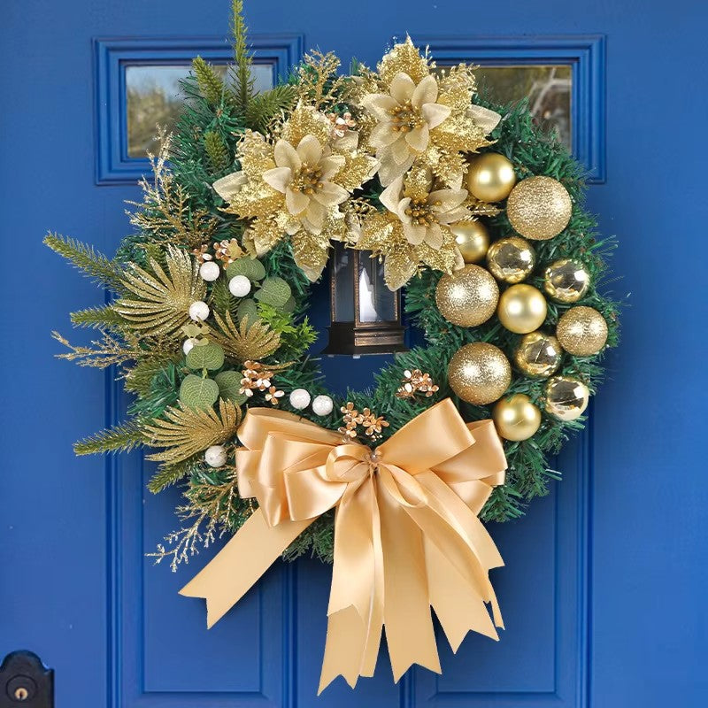 Elegant Pre Lit Christmas Wreath for Front Door, Garland with LED Lantern and Large Bow for Holiday Wall Decor