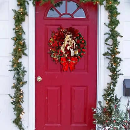Elegant Pre Lit Christmas Wreath for Front Door, Garland with LED Lantern and Large Bow for Holiday Wall Decor