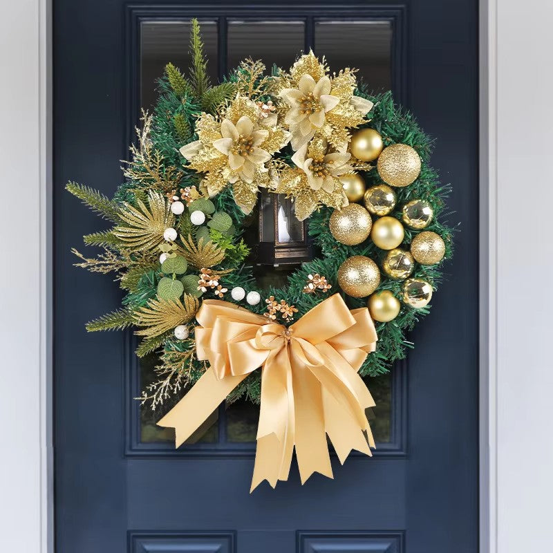 Elegant Pre Lit Christmas Wreath for Front Door, Garland with LED Lantern and Large Bow for Holiday Wall Decor