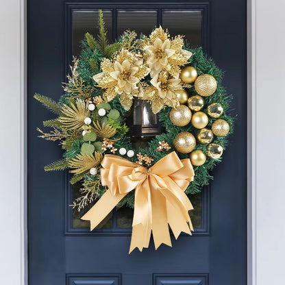 Elegant Pre Lit Christmas Wreath for Front Door, Garland with LED Lantern and Large Bow for Holiday Wall Decor