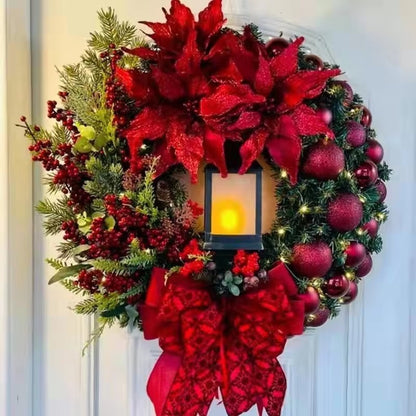 Elegant Pre Lit Christmas Wreath for Front Door, Garland with LED Lantern and Large Bow for Holiday Wall Decor