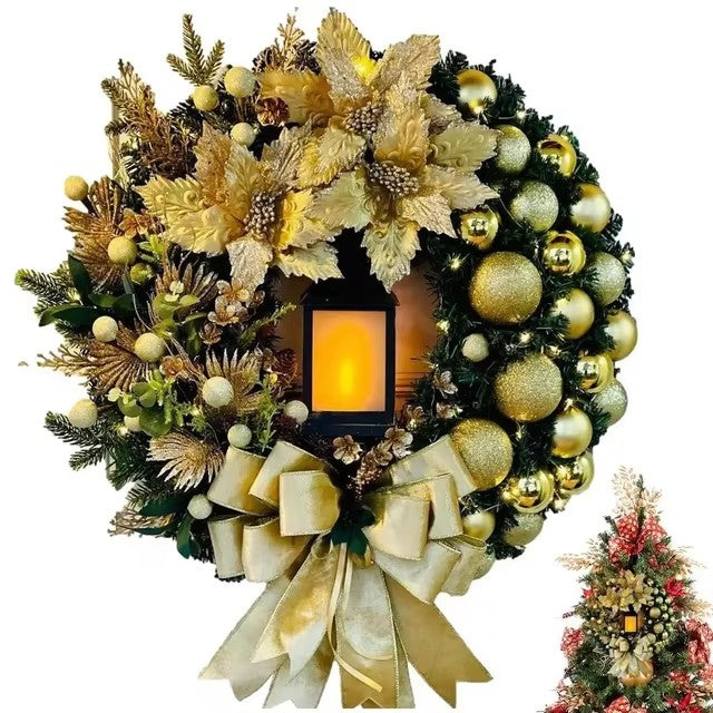 Elegant Pre Lit Christmas Wreath for Front Door, Garland with LED Lantern and Large Bow for Holiday Wall Decor
