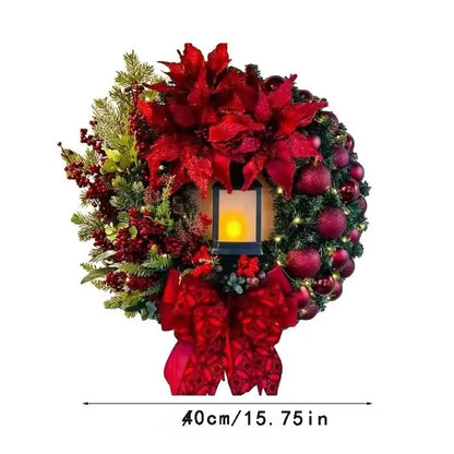 Elegant Pre Lit Christmas Wreath for Front Door, Garland with LED Lantern and Large Bow for Holiday Wall Decor