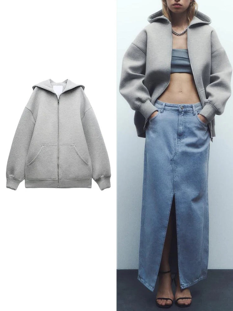 ZABA Womens Oversized Fashion Jacket, Versatile Casual Hooded Zip Top, Street Basic Sweatshirt