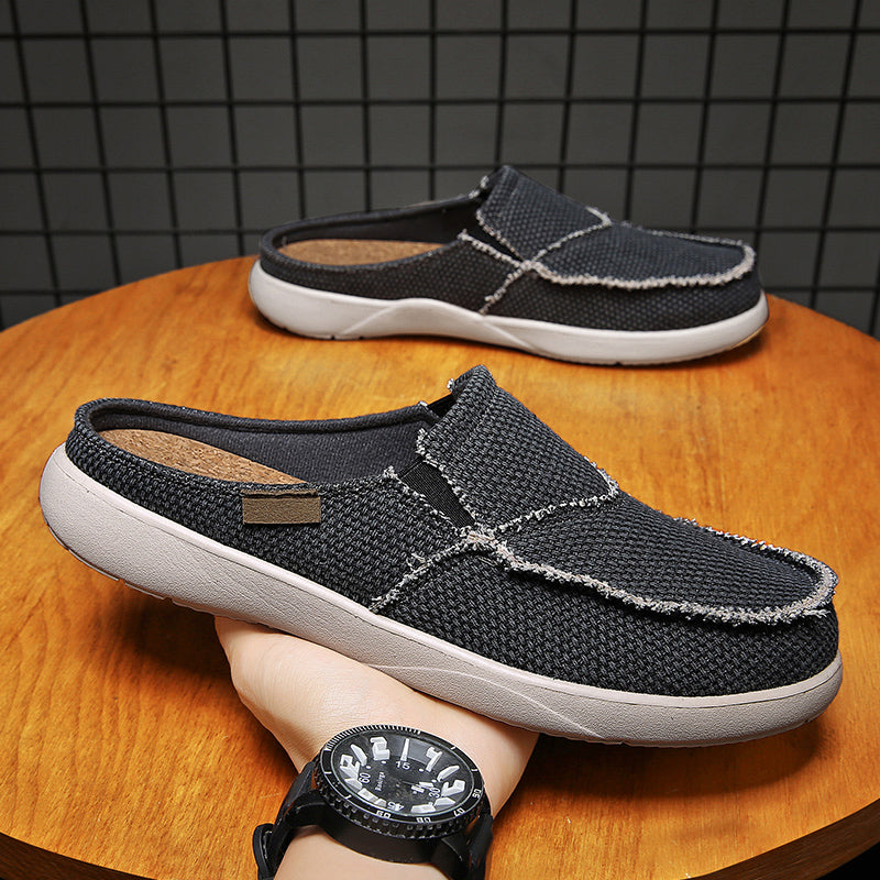 Mens Canvas Slip On Half Shoes, Summer Casual Slippers, Lightweight Breathable