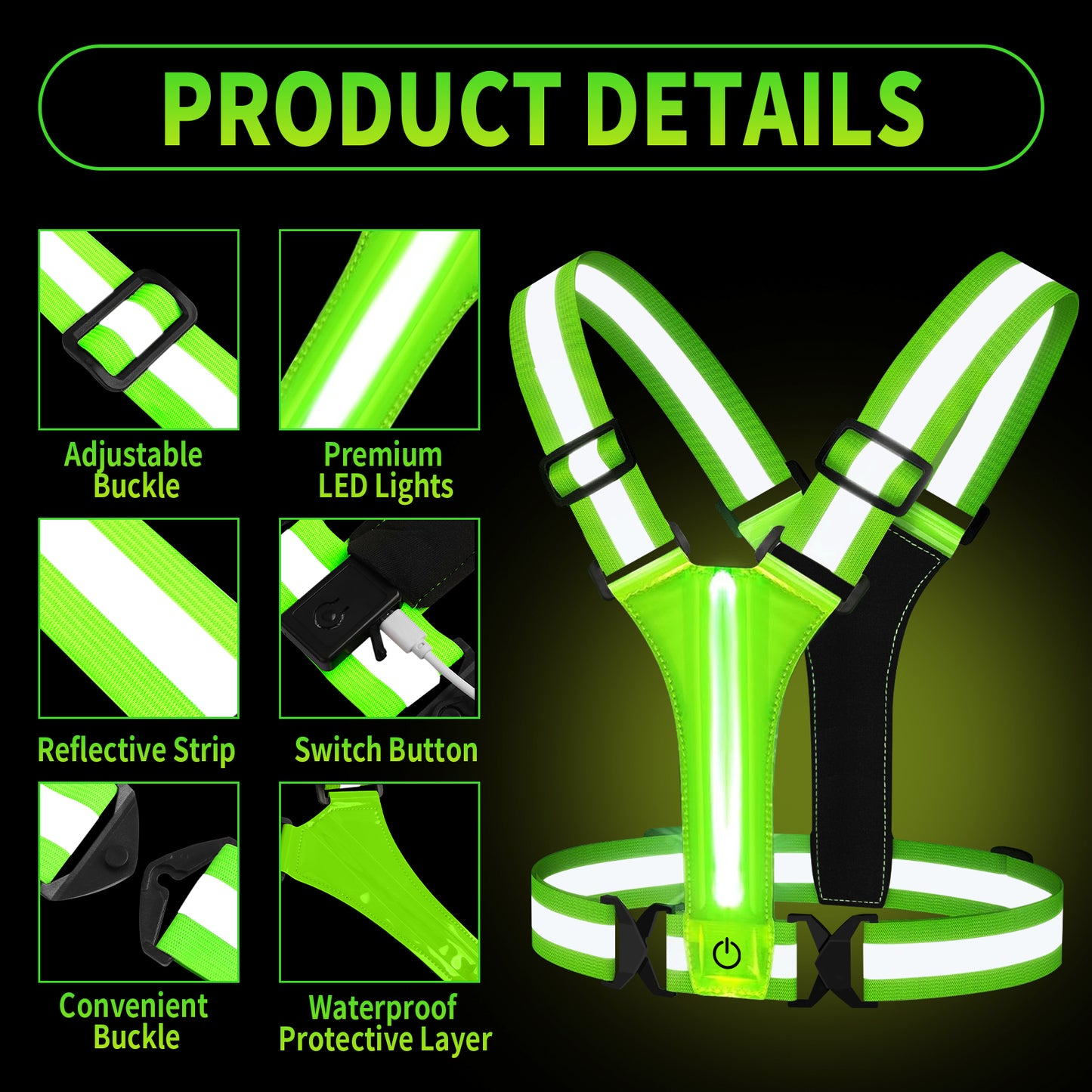 360° Reflective Safety Vest with LED Lights, Rechargeable High Visibility Vest for Night Sports, Running, Riding & Work