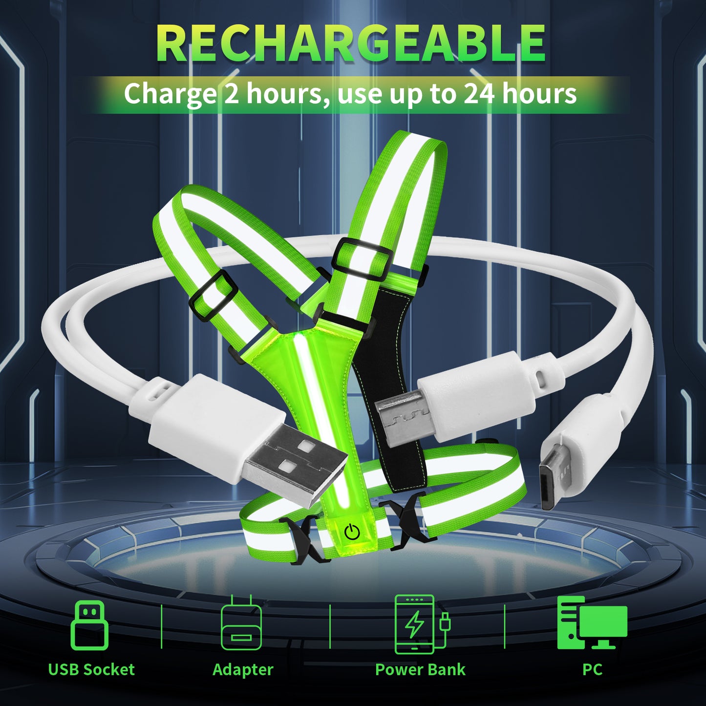 360° Reflective Safety Vest with LED Lights, Rechargeable High Visibility Vest for Night Sports, Running, Riding & Work