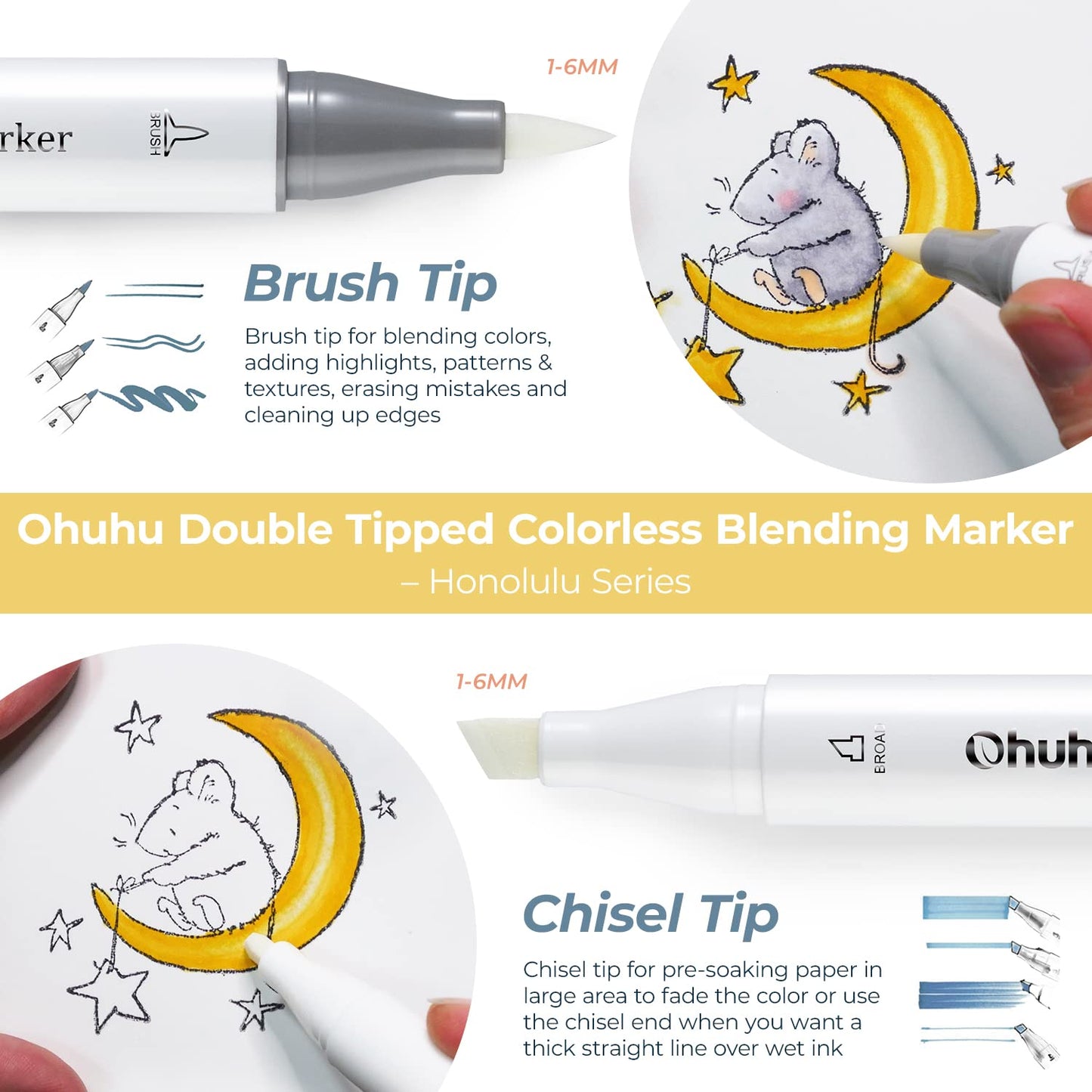 Colorless Blender Pack of 6 Clear Blender Markers Alcohol Based Ink No.0 Highlights Textures Eraser