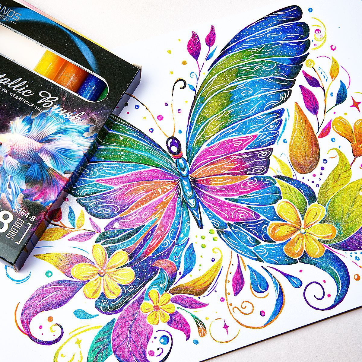 8 Colors Metallic Glitter Paint Pens Set Soft Brush Pen for Rock Painting Ceramic Glass Wood Drawing