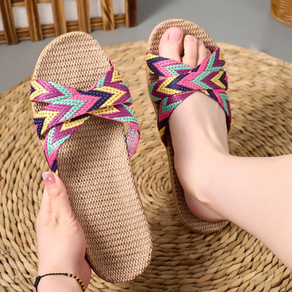 Lightweight Linen Indoor Slippers Women, Home Shoes for Couples, Soft Breathable House Slippers, Comfortable Non-Slip