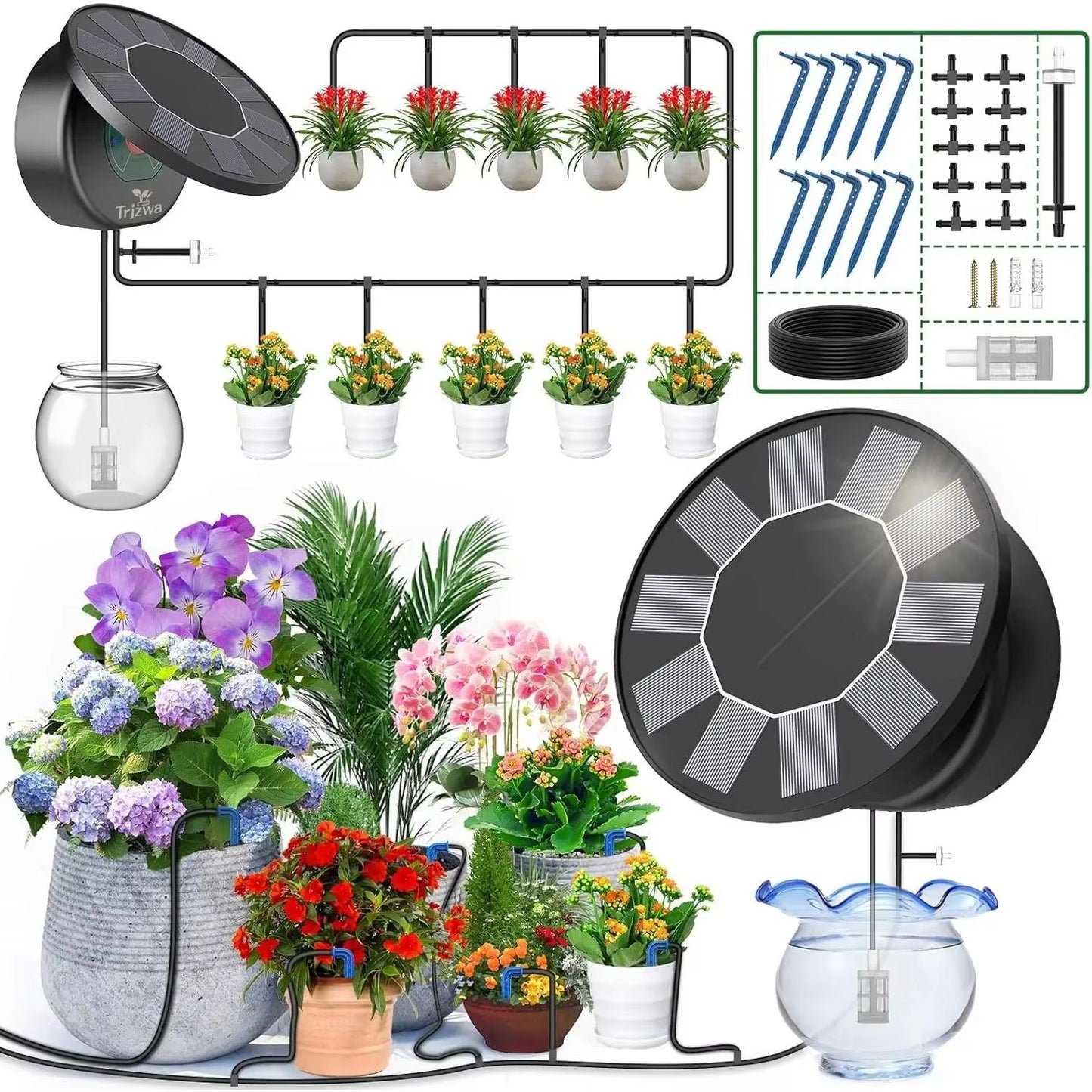 Solar Automatic Drip Irrigation System Kit with 9 Timing Modes for DIY Garden Watering