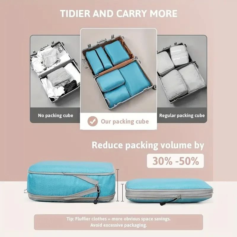 Travel Compression Packing Cubes Set Foldable Luggage Organizer Bags