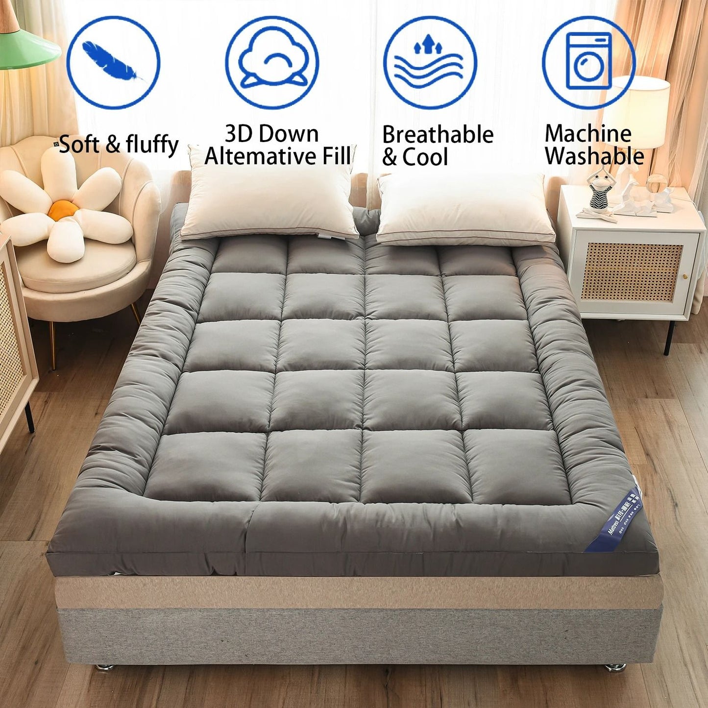 Cloud Comfort Queen Mattress Topper with 1000 GSM Plush Fiber Fill for Back Pain Relief