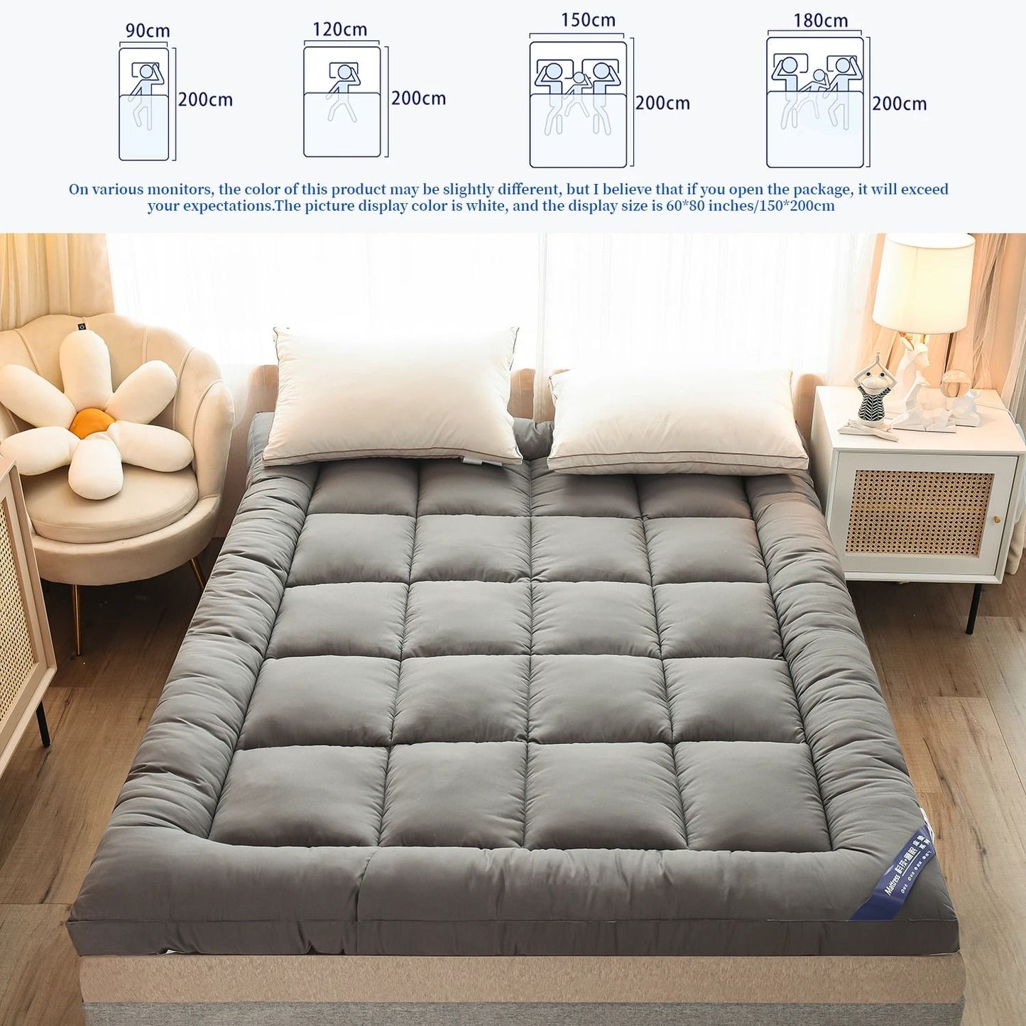 Cloud Comfort Queen Mattress Topper with 1000 GSM Plush Fiber Fill for Back Pain Relief