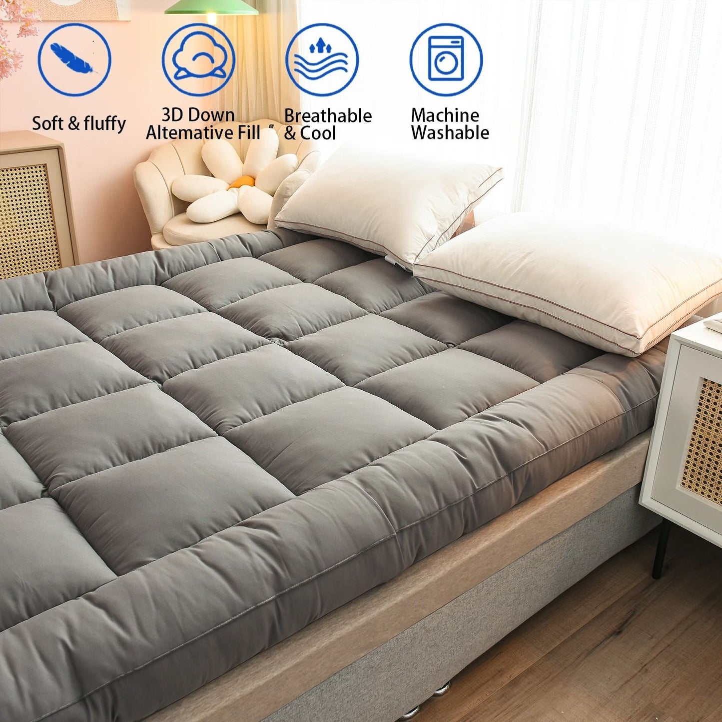 Cloud Comfort Queen Mattress Topper with 1000 GSM Plush Fiber Fill for Back Pain Relief