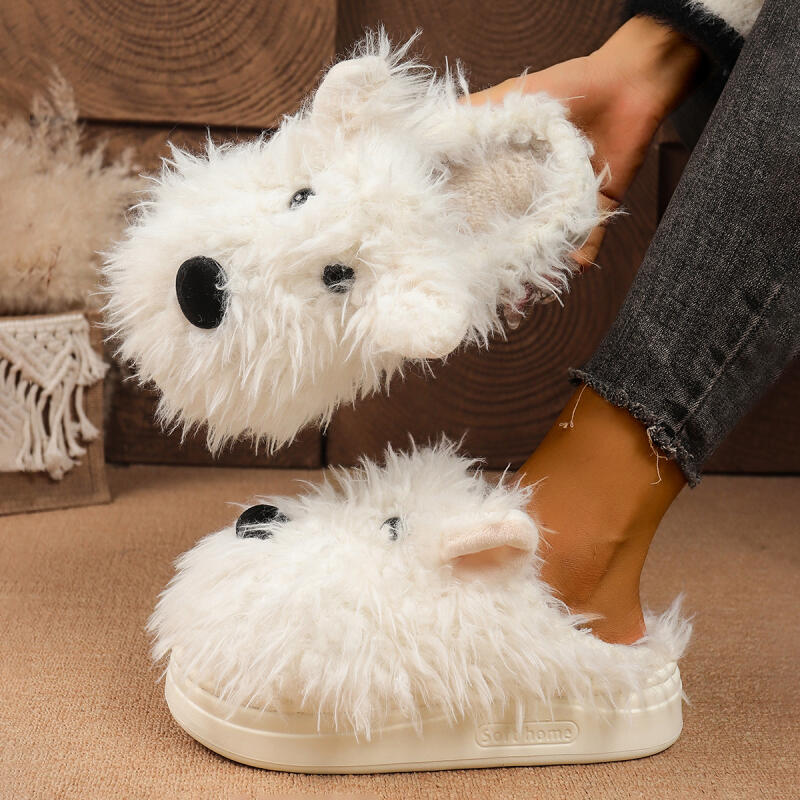 Cartoon Puppy Slippers for Women: Winter Warm Fluffy Fur Indoor Mules with Thick Bottom, Cozy Plush Home Slides