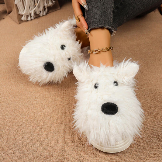 Cartoon Puppy Slippers for Women: Winter Warm Fluffy Fur Indoor Mules with Thick Bottom, Cozy Plush Home Slides