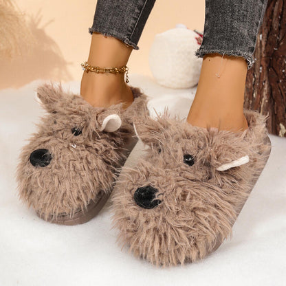 Cartoon Puppy Slippers for Women: Winter Warm Fluffy Fur Indoor Mules with Thick Bottom, Cozy Plush Home Slides