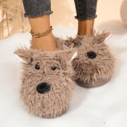 Cartoon Puppy Slippers for Women: Winter Warm Fluffy Fur Indoor Mules with Thick Bottom, Cozy Plush Home Slides