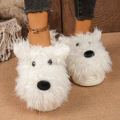 Cartoon Puppy Slippers for Women: Winter Warm Fluffy Fur Indoor Mules with Thick Bottom, Cozy Plush Home Slides
