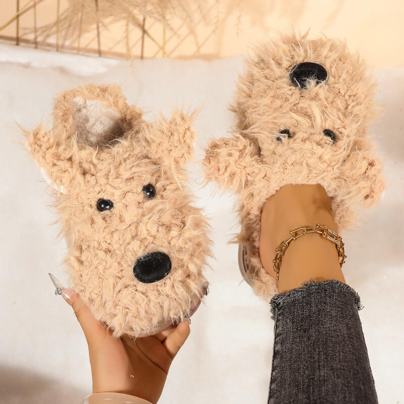 Cartoon Puppy Slippers for Women: Winter Warm Fluffy Fur Indoor Mules with Thick Bottom, Cozy Plush Home Slides