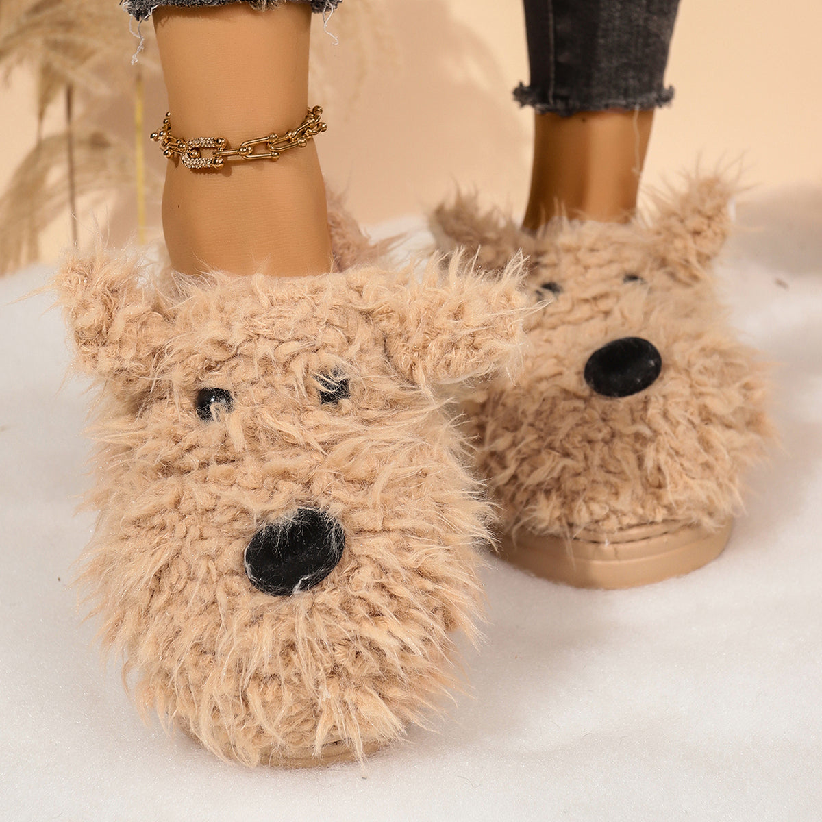 Cartoon Puppy Slippers for Women: Winter Warm Fluffy Fur Indoor Mules with Thick Bottom, Cozy Plush Home Slides